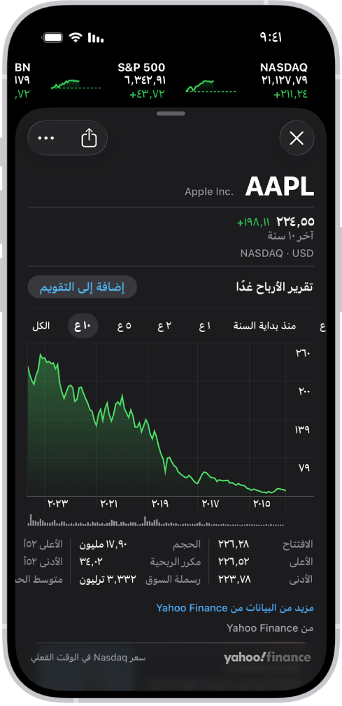 في منتصف الشاشة، يظهر مخطط يعرض أداء السهم على مدار 10 سنوات. أعلى المخطط تظهر أزرار لعرض أداء السهم في 6 أشهر أو سنة واحدة أو سنتين أو 5 سنوات أو 10 سنوات. توجد أسفل المخطط تفاصيل السهم مثل السعر الافتتاحي والقيمة المرتفعة والقيمة المنخفضة وقيمة السوق.