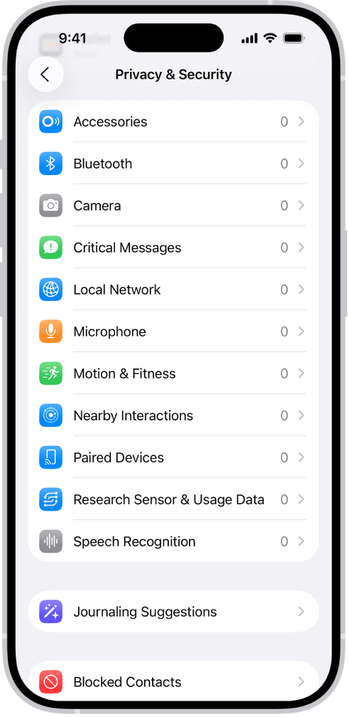 ক্যামেরা, মাইক্রোফোন এবং আপনার iPhone-এর অন্যান্য পার্টস, অ্যাপ ব্যবহার করতে পারে কিনা তা কন্ট্রোল করার জন্য সেটিংসসহ গোপনীয়তা ও সুরক্ষা স্ক্রিন।