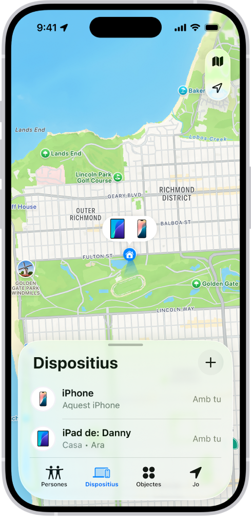 La pantalla de l’app Cerca mostra dos dispositius a casa.