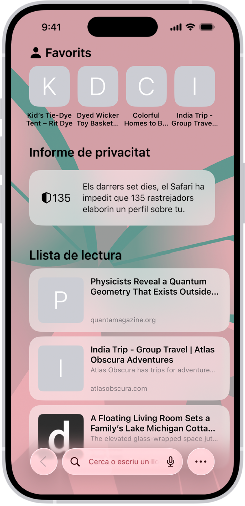 La pàgina principal del Safari mostra els llocs web favorits, l’informe de privacitat i els llocs web desats a la llista de lectura.