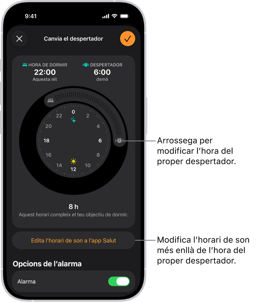 Una pantalla per canviar el pròxim despertador. La posició del botó de l’alarma que està sonant estableix l’hora de l’alarma.