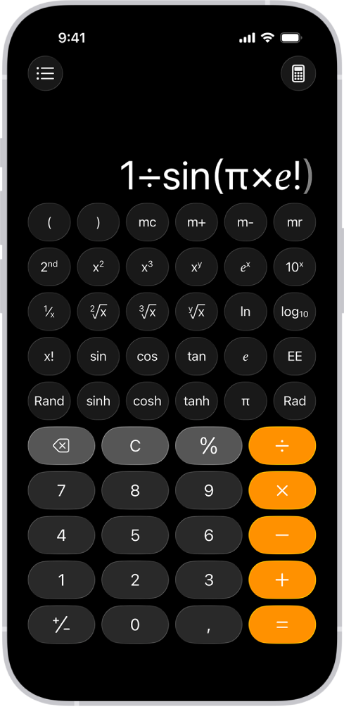 L’iPhone mostra la calculadora científica amb funcions memorístiques, exponencials, logarítmiques i trigonomètriques.