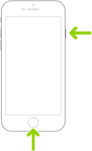 Un iPhone amb Touch ID. Una fletxa assenyala cap al botó lateral i, una altra, cap al botó d’inici per demostrar com es fa una captura de pantalla.