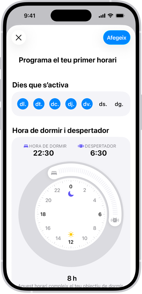 La pantalla de programació del primer horari a l’app Salut, amb una secció de dies que s’activa i un rellotge per anar‑se’n a dormir i despertar‑se.