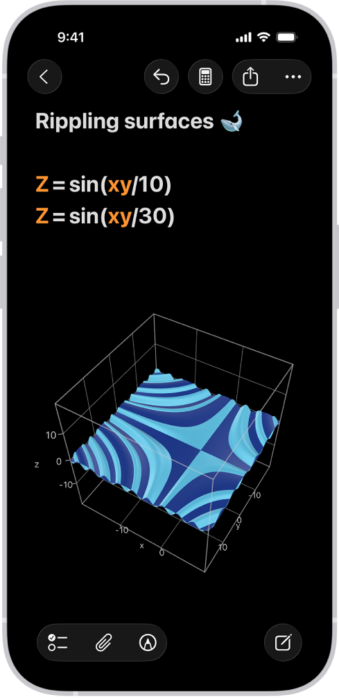 A les notes matemàtiques de l’app Calculadora de l’iPhone es mostren dues equacions de tres variables i les gràfiques 3D corresponents combinades al mateix espai.