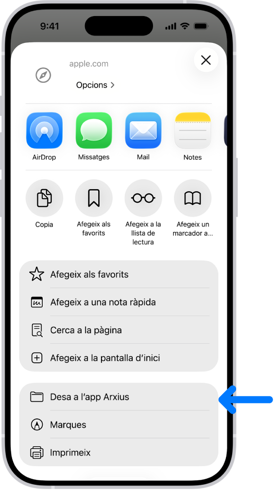 Al Safari, s’ha tocat el botó de compartir d’un PDF i mostra una llista d’opcions, com ara “Desa a l’app Arxius”, a prop de la part inferior de la pantalla.