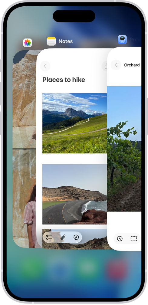 El selector d’app. Les icones de les apps obertes apareixen a la part superior i la pantalla actual de cada app oberta apareix a sota de la seva icona.