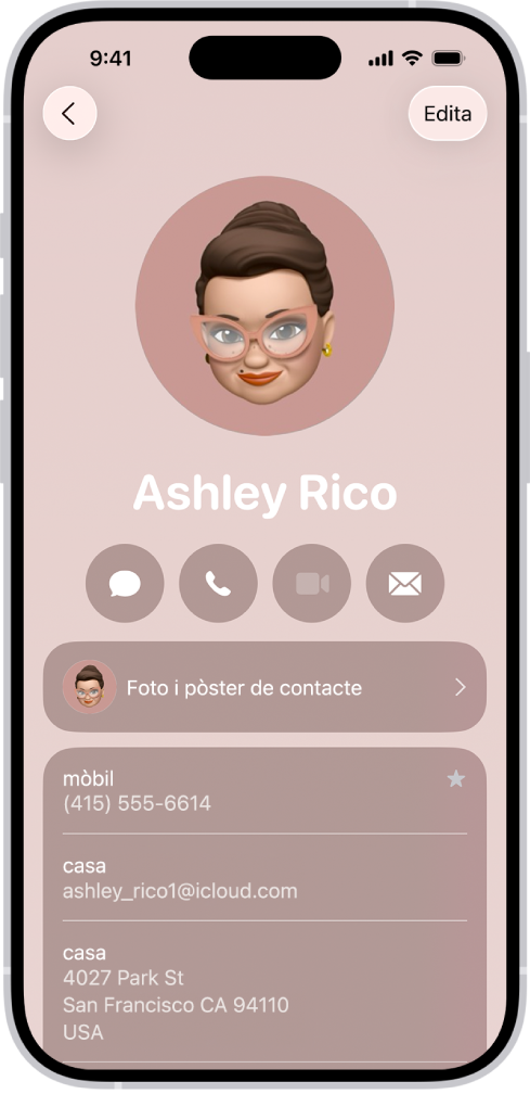 Una targeta de contacte a l’app Contactes.