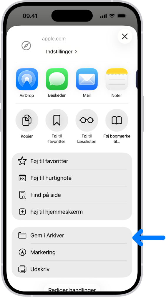 Der er trykket på knappen Del på et PDF-dokument i Safari, som viser en liste med muligheder, herunder Gem i Arkiver nederst på skærmen.