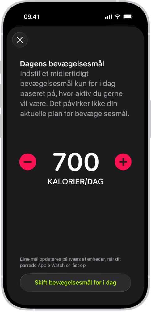 Skærmen Tidsplan for bevægelsesmål i Fitness, der viser knapper til at forøge eller reducere bevægelsesmålet efter dagen i ugen.