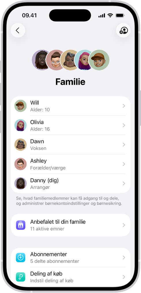 Skærmen Familie i Indstillinger. Der vises en liste med fem familiemedlemmer. Under deres navne er der familieanbefalinger og valgmulighederne Abonnementer og Deling af køb.