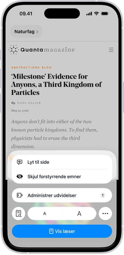 Der er trykket på knappen Sidemenu på et websted i Safari, som viser en liste med muligheder, herunder Skjul forstyrrende elementer.