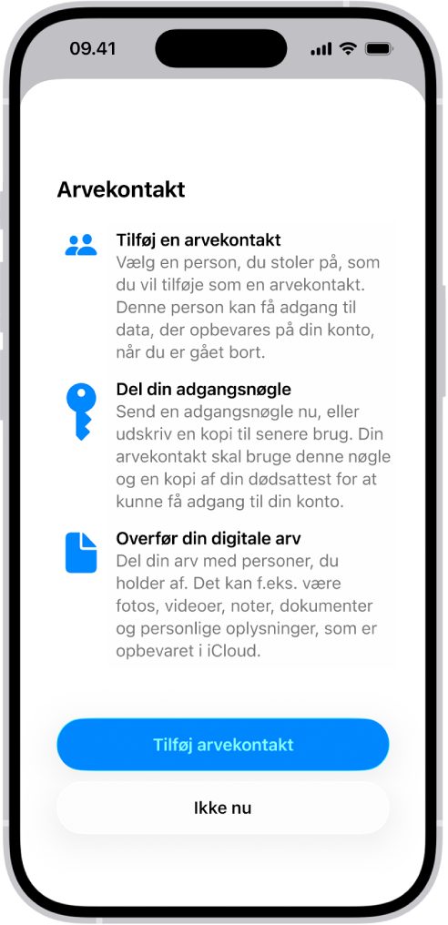 Skærmen Tilføj gendannelseskontakt, der viser foreslåede kontakter, der kan vælges som gendannelseskontakt, og muligheden for at vælge en anden.