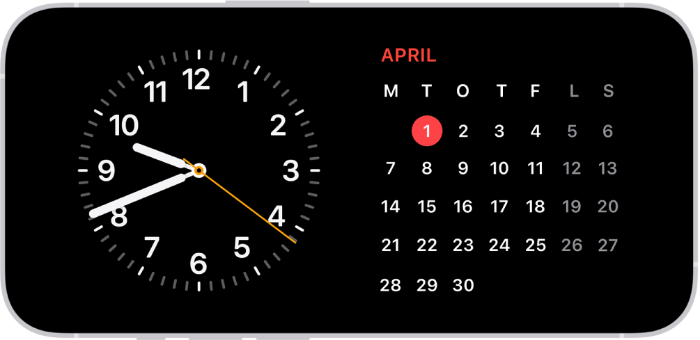 iPhone på standby i svagt omgivende lys, hvor Ur- og Kalender-widgets vises.