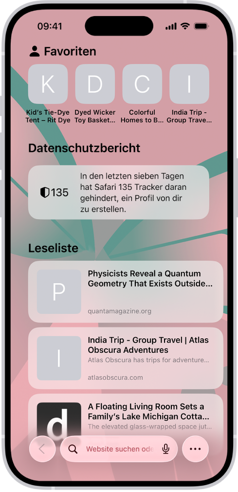 Die Startseite in Safari zeigt bevorzugte Websites, den Datenschutzbericht und auf der Leseliste gesicherte Websites an.