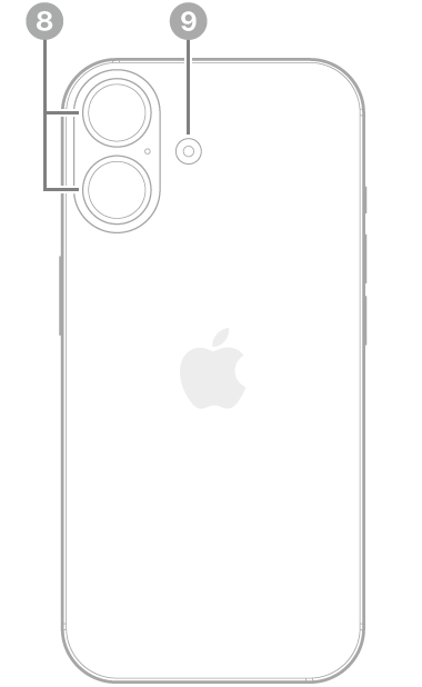 Rückansicht des iPhone 16. Oben links befinden sich die rückwärtigen Kameras und der Blitz.