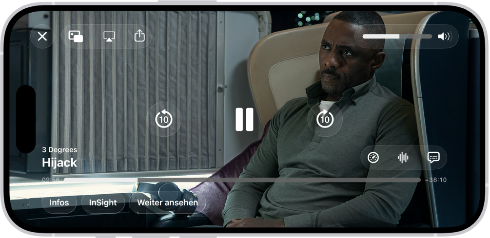 Wiedergabe einer TV-Sendung mit sichtbaren Steuerelementen. Die Tasten „Schließen“, „Bild-in-Bild“, „AirPlay“ und „Teilen“ befinden sich oben links. Rechts oben befindet sich der Lautstärkeregler. In der Mitte befinden sich die Tasten, mit denen du 10 Sekunden vorwärts und rückwärts springen und pausieren kannst. Unten in der Mitte befindet sich ein Regler, mit dem sich die Abspielposition im Video einstellen lässt. Die verstrichene und die verbleibende Zeit werden links und rechts neben dem Regler angezeigt. Unten rechts sind die Tasten „Info“, „InSight“ und „Weiter ansehen“ zu sehen.