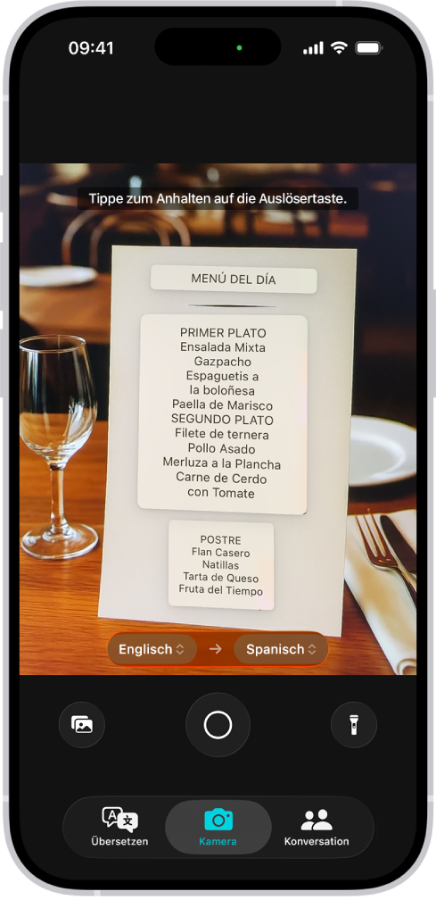 Der Tab „Kamera“ mit einer Speisekarte, die vom Englischen ins Spanische übersetzt wurde.