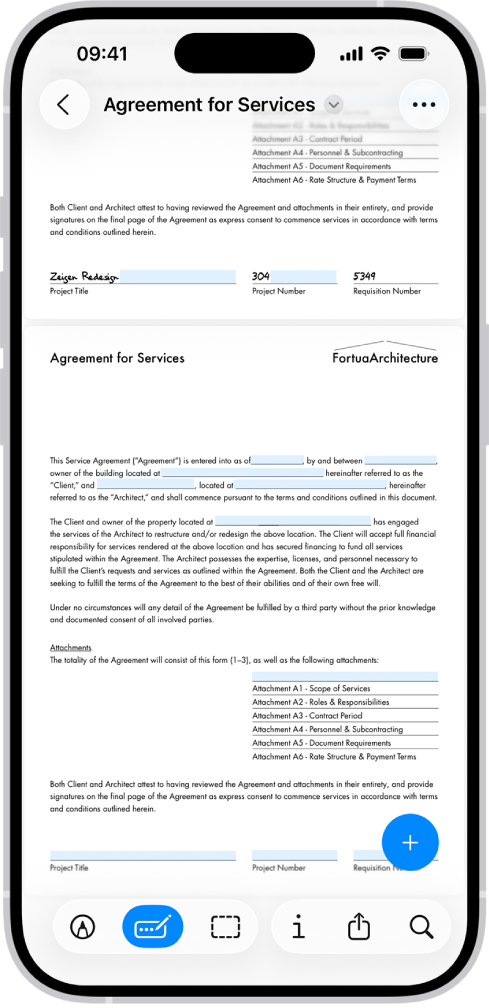 Ein Bildschirm zeigt ein PDF-Formular mit hervorgehobenen Feldern, die ausgefüllt werden können. Unten auf dem Bildschirm befinden sie die Tasten „Anmerkung hinzufügen“, „Markieren“, „Automatisch ausfüllen“, „Zuschneiden“, „Info“, „Teilen“ und „Suchen“. Die Taste „Automatisch ausfüllen“ ist ausgewählt.