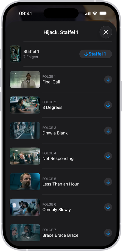 Der Tab „Apple TV“ mit einer Liste von Episoden eines Apple Originals. Auf der rechten Bildschirmseite werden Tasten zum Laden der ganzen Staffel oder jeder Folge angezeigt.