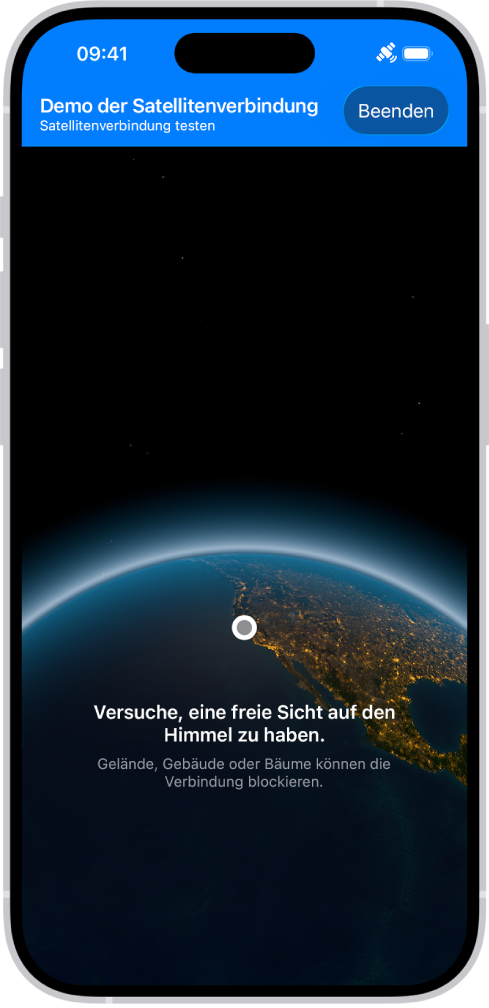 Die Demo für die Satellitenverbindung (verfügbar in der App „Einstellungen“) stellt eine Vorschau von dem bereit, was angezeigt wird, wenn du die App „Nachrichten“ auf einem iPhone 14 (oder neuer) öffnest und dich nicht im Einzugsbereich von Mobilfunk oder WLAN befindest.