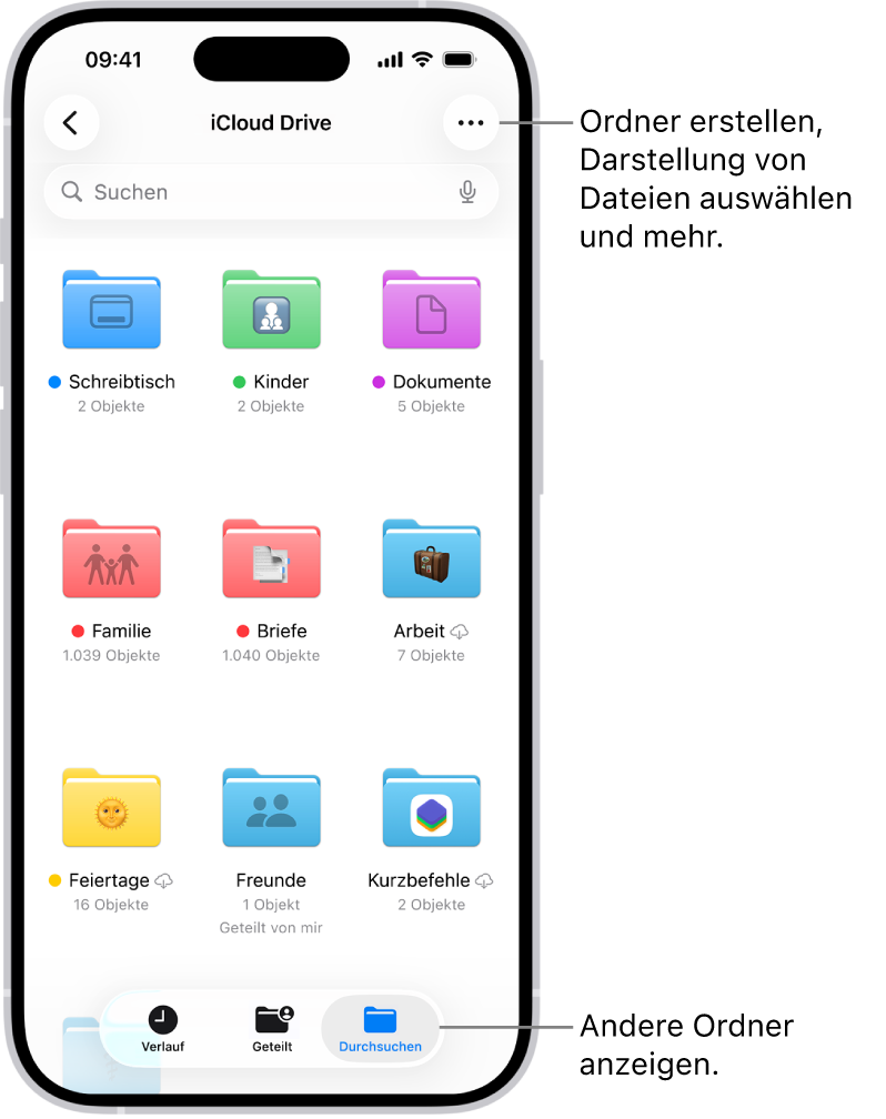 Die App „Dateien“ zeigt die Dateien und Ordner in iCloud Drive. Das Menü „Mehr“ zeigt Optionen zum Auswählen von Objekten, Erstellen eines neuen Ordners, Scannen von Dokumenten und Verbinden mit dem Server. Darunter befinden sich die Anzeigeoptionen „Symbole“ und „Liste“. Ganz unten sind die Sortierungsoptionen „Name“, „Art“, „Datum“, „Größe“, und „Tags“ gefolgt von „Darstellungsoptionen“.