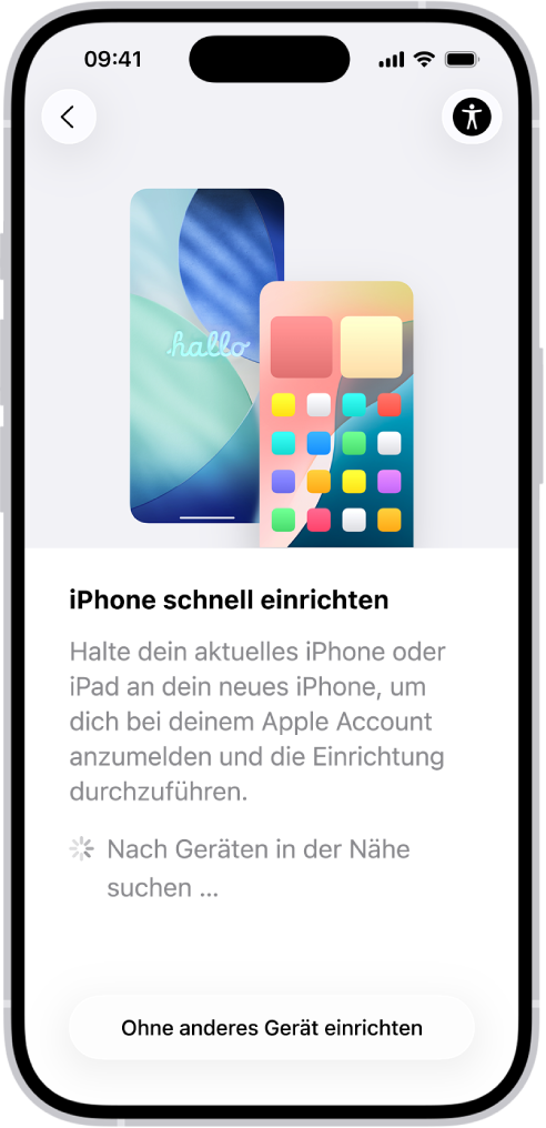 Der Bildschirm „Quick Start“ mit Optionen zum Konfigurieren deines iPhone, indem du es nah an ein anderes iPhone oder iPad hältst, oder zum Konfigurieren mit einem anderen Gerät.