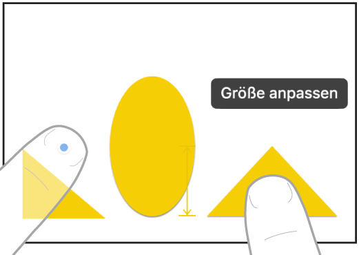 Zwei Finger an zwei Händen, die zwei Objekte in Freeform auswählen und ihre Größe anpassen.