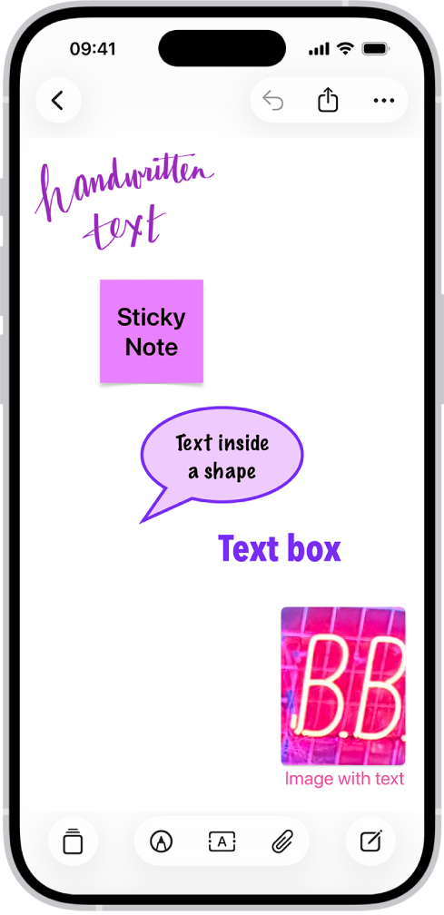Ein Freeform-Board mit Text, der in einer Zeichnung, einem Notizzettel, einer Form, einem Textfeld und einem Bild angezeigt wird.