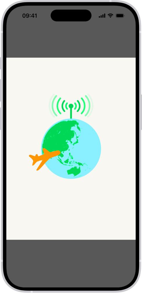 Ein iPhone-Bildschirm mit der Abbildung einer Weltkugel. Oben auf der Weltkugel ist ein Funksignal zu sehen und ein Flugzeug fliegt um sie herum.