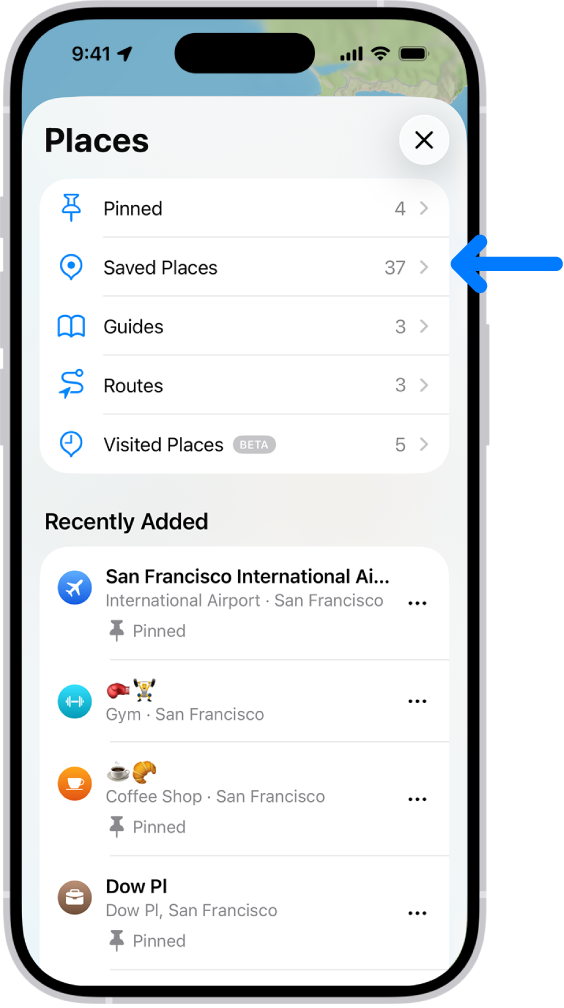 The Places screen in Maps, which shows a list of place categories like Pinned, Saved Places, and Guides. Below this, a Recently Added section lists viewed locations.