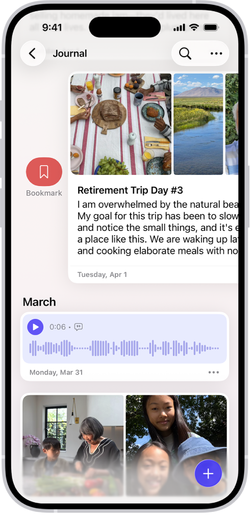 A screen in the Journal app showing journal entries. One entry is swiped right and shows the Bookmark button.