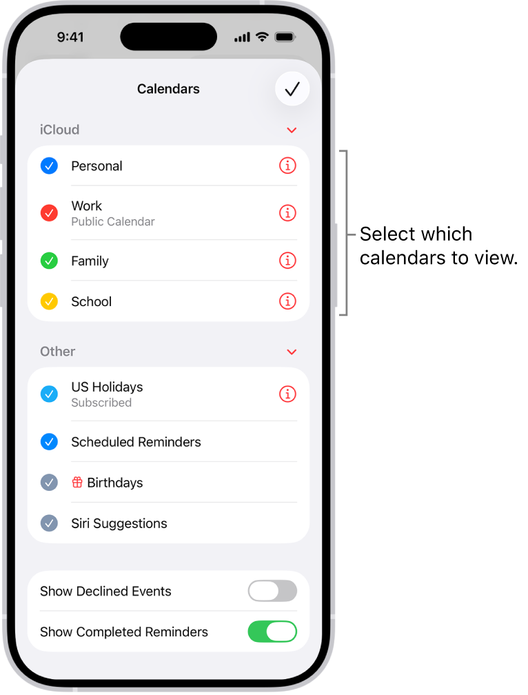 The Calendars list, with checkmarks indicating which calendars are active. The Done button for closing the list is in the top-right corner.