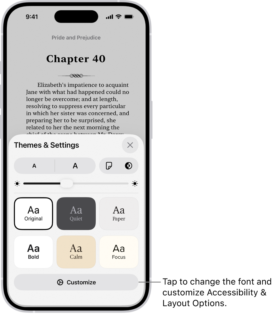A page of a book in the Books app. The Themes & Settings options show controls for font size, scrolling view, page turn style, brightness, and font styles.