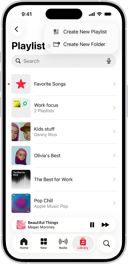 The Library tab showing the list of playlists. At the top are buttons to create a new playlist or create a new folder.