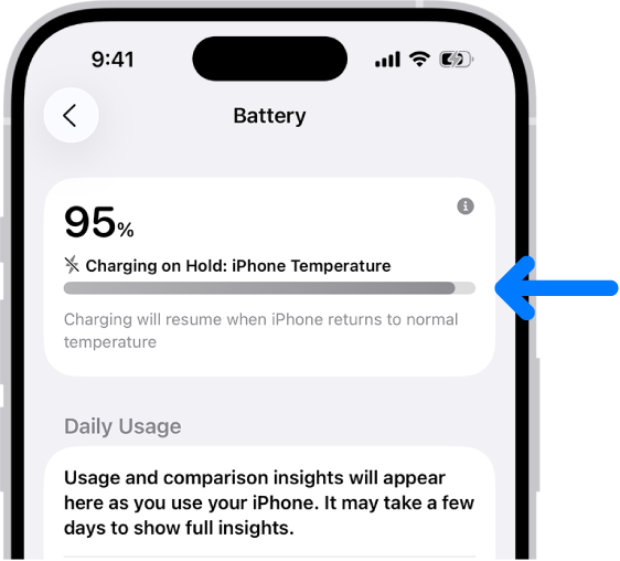 The charging information card in iPhone Battery settings. The card shows the battery at 95% with the message “Charging on Hold: iPhone Temperature.” A note below indicates that charging will resume when the iPhone temperature returns to normal.