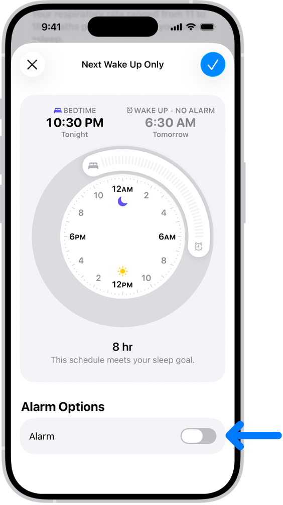 The Next Wake Up Only screen in Health with Alarm turned off at the bottom.