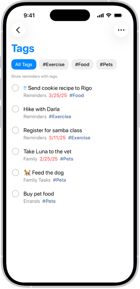 A list of tagged reminders in the Reminders app. Buttons along the top show additional tags that you can apply.