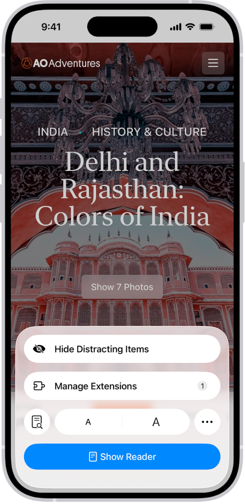 In Safari, the Page Menu button on a website has been tapped, revealing options including Manage Extensions near the bottom of the screen.