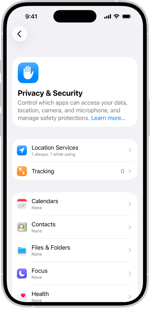 The Privacy & Security screen, with settings for Location Services and Tracking, and settings to control which apps can access your data.