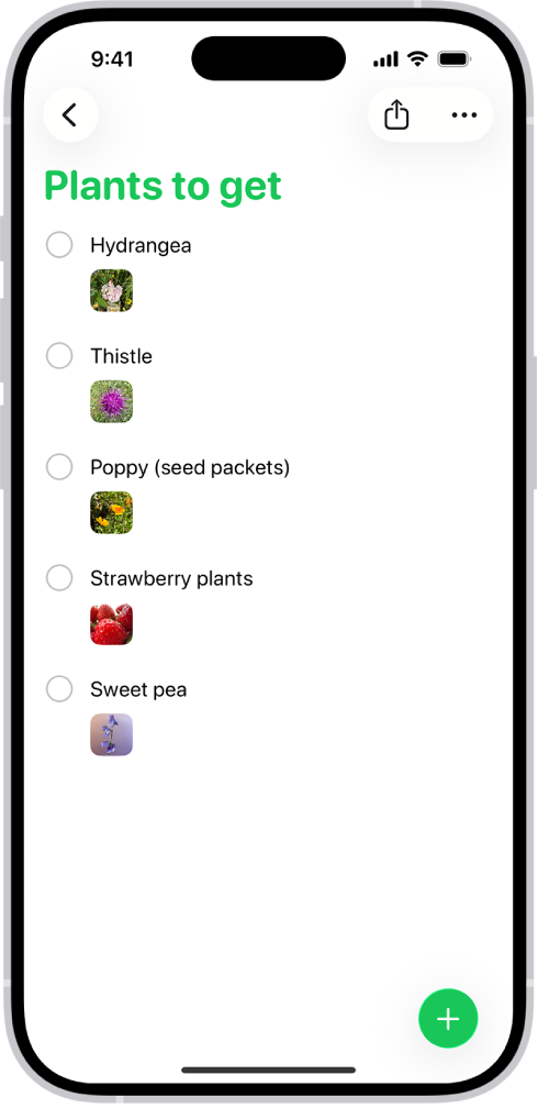 The Reminders app showing a list with photos in each reminder.