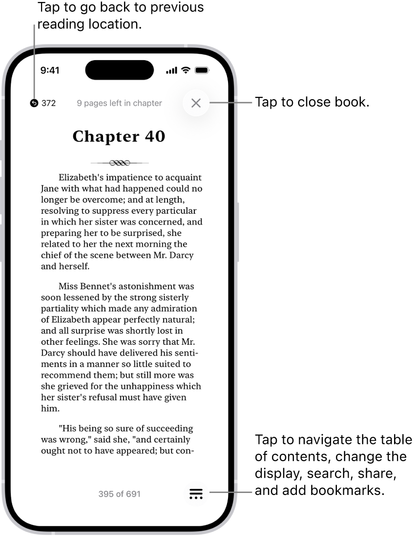 A page of a book in the Books app. At the top of the screen are the buttons for returning to the page on which you began reading and for closing the book. At the bottom right of the screen is the Menu button.