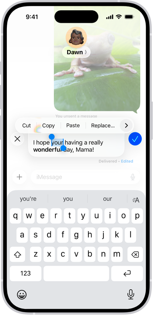 A conversation in Messages showing the last message being edited. The rest of the conversation is lighter, except for the specific text message that’s being edited. The conversation shows that a previous message was unsent, and this message was edited before this current edit.