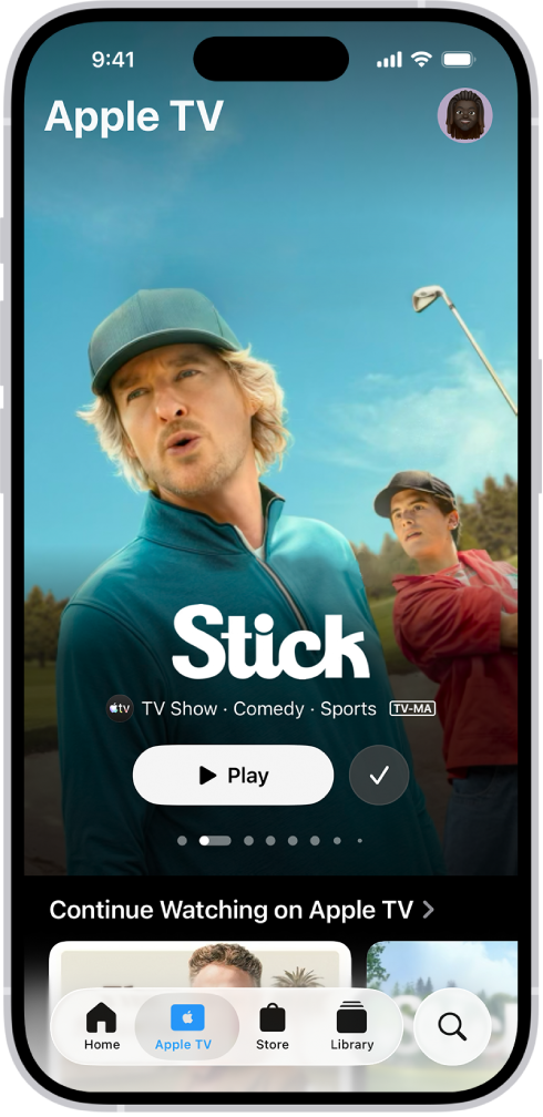 The Apple TV tab showing a featured Apple Original with the title, Play button, and a description of the episode. At the bottom, from left to right, are the Home, Apple TV, Store, Library, and Search tabs.