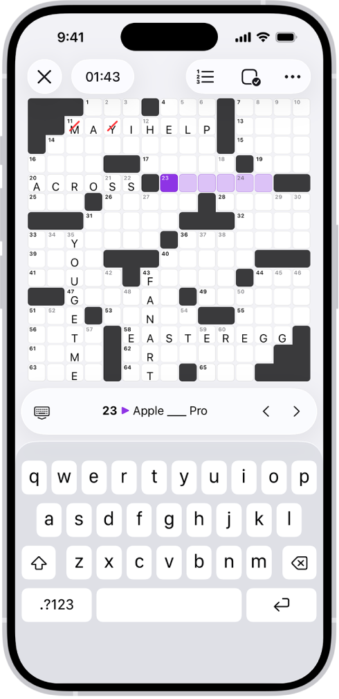 A partially filled crossword puzzle, with controls above it, and a keyboard open at the bottom.