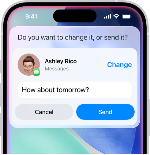 An iPhone showing a response from Siri at the top of the screen in the form of a text message ready to be sent.