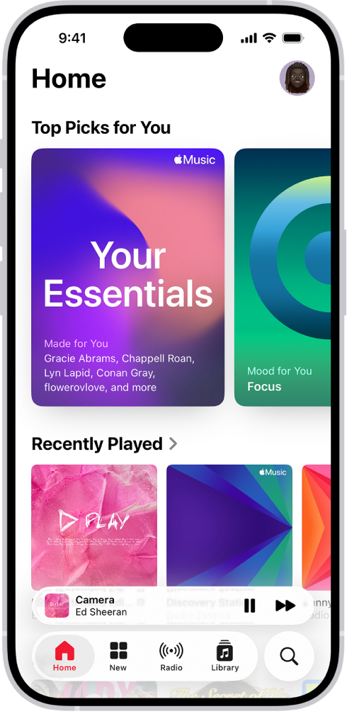 The Home tab in the Music app showing Top Picks at the top. You can swipe left or right to view more music chosen just for you. Recently Played appears below.