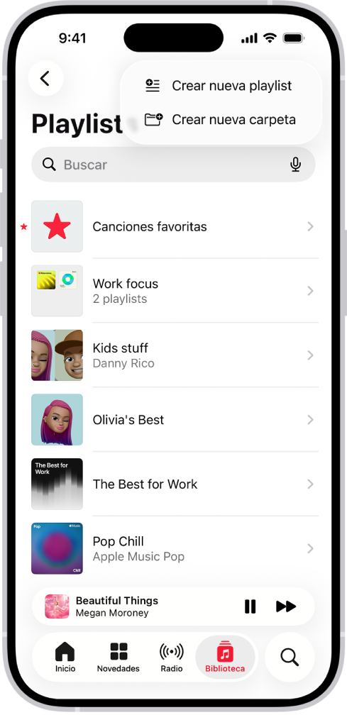 La pestaña Biblioteca mostrando la lista de playlists. En la parte superior hay botones para crear una nueva playlist o crear una carpeta nueva.
