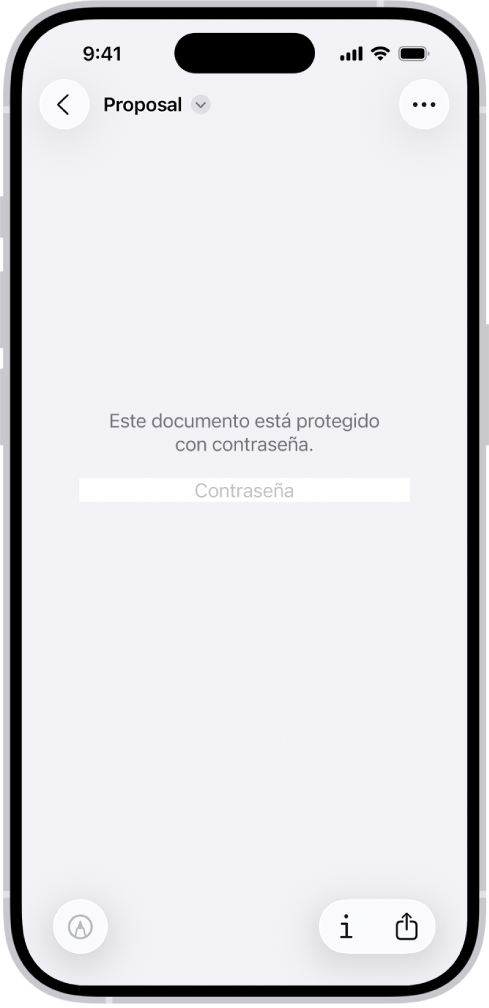 Un formulario PDF bloqueado en la app Vista Previa que muestra un campo de contraseña. En la parte inferior de la pantalla se encuentran los botones Marcado, Información y Compartir.