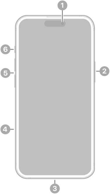 Vista frontal del iPhone 15 Plus. La cámara frontal se encuentra en la parte superior central. El botón lateral está en el lado derecho. El conector USB-C está en la parte inferior. En el lado izquierdo, de abajo a arriba, se encuentran la bandeja SIM, los botones de volumen y el conmutador de tono/silencio.